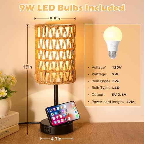 Rattan Table Lamps for Living Room, 3 Way Dimmable Touch Lamps, Small Bedside Lamps with LED Bulbs, Phone Stand, USB Ports and AC Outlet, Boho Nightstand Lamp for Kids Room, Bedroom, Office (2 Pack)