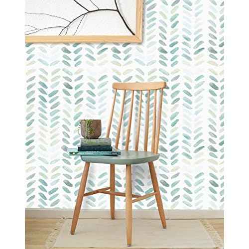 Sevalo Green and White Wallpaper Peel and Stick Wallpaper Boho 17.3inW 78.8inLContact Paper for Cabinets Green Herringbone Contact Paper Self-Adhesive Removable Bedroom Bathroom Waterproof Teal Kids