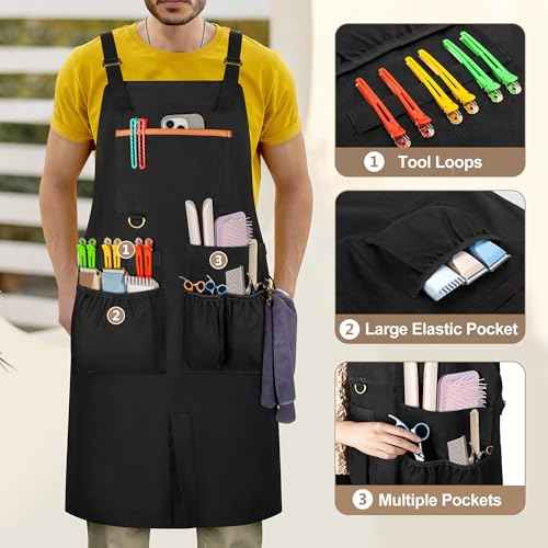 Barber Apron, Men & Women Hair Stylist Apron with Dual Shoulder Straps & Adjustable Buckle, Water-resistant Hair Cutting Smock with Multiple Pockets for Hairdresser, Cosmetology