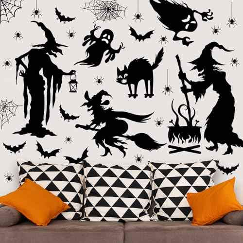 Cholemy Halloween Wall Decals - 4 Sheets, 35.4 x 11.8 Inch Large Witch Spider Bat Pumpkin Stickers, Removable Clings for Home Party Decor Supplies