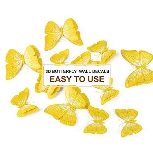 uxcell 12pcs 3D Butterfly Wall Stickers Decal Removable Fresco Sticker DIY Art decoration with Double Wing for Home Room decoration Yellow