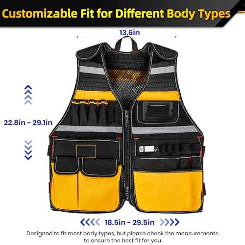 Tool Vest, Electrician Tool Vest for Men, 22 Compartments, Reflective Workwear with Adjustable Waist & Upgraded Comfortable Neck Opening