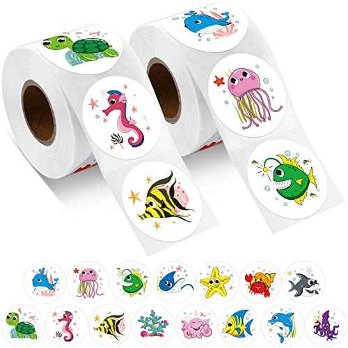 Zonon 800 Pcs Round Sea Animal Stickers, 15 Vibrant Designs Ocean Animal Stickers Roll 1.5 Inch Cartoon Sea Life Labels Adorable Decoration for Kids Ocean Party Favors Motivational Teacher Prize