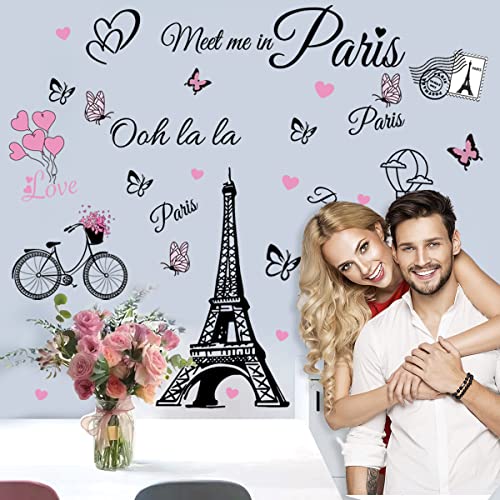 Paris Wall Stickers Eiffel Tower Vinyl Decals Removable Self-Adhesive Balloon Stickers Wall Decal for Girls Bedroom Living Room Sofa Backdrop TV Background