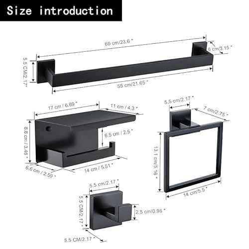 10-Piece Bathroom Hardware Set - Matte Black SUS304 Stainless Steel Wall-Mounted Towel Bar, Holder & Racks, 23.6 Inch
