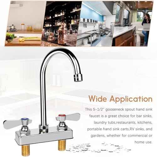 Commercial Bar Sink Faucet 4 Inch Center Deck Mount, 5-1/2" Gooseneck Swivel Spout Hand Sink Faucet with Ceramic Valve, 2 Hole Brass Constructed & Chrome Polished with Dual Lever Handles