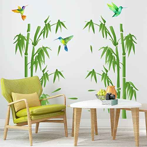 Bamboo Forest Wall Art Decal Nature Green Plant with Flying Birds Wall Stickers 36x34inch Removable Vinyl Wall Mural for Living Room Bedroom Classroom Office Decoration