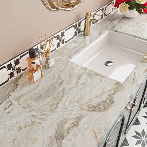 Livelynine Glossy Gold White Marble Contact Paper Waterproof Glossy Marble Countertop Peel and Stick Countertops Kitchen Counter Top Vinyl Desk Wrap Cover Self Adhesive Wallpaper Desk Table 15.8x78.8
