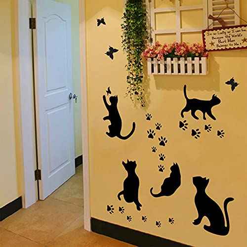 5 Pcs Black Cat Stickers Paw Patrol Party Wall Decal Butterfly Wall Decor, Removable Art Vinyl Door Decal Wallpaper for Family Bedroom Living Room Home Decorations