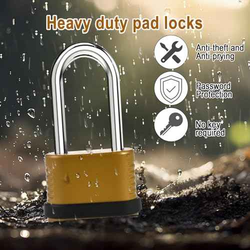 4 Digit Heavy Duty Combination Lock - 105mm Long Shackle Weatherproof Combination Padlock, Outdoor Combo Lock for Storage Units, Gym Lockers, Fence Gates & Shed Doors - Golden (2pcs, Long Shackle)