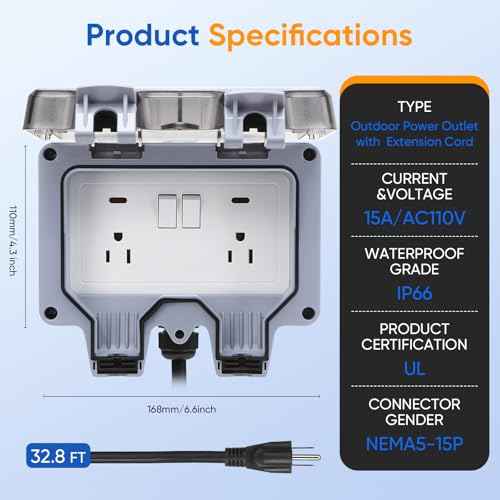 Outdoor Power Outlet,Outdoor Extension Cord Waterproof Double Wall Outlet Extender with On-Off Switch and Indicator Light£¬Exterior Electric External Power Outlet,Outside Outlet (32.8FT)