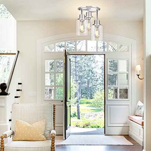 ROTTOGOON Semi Flush Mount Ceiling Light, 3 Light Close to Ceiling Light Fixtures, Brushed Nickel Finish Kitchen Light Fixtures with Clear Glass Shades, Modern Hallway Lights Fixtures Ceiling Mount