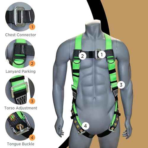 AFP Universal Full-Body Safety Harness w/Dorsal D-Ring Tongue Buckle Legs High-Viz Green, Shock Absorbing Lanyard (OSHA/ANSI)