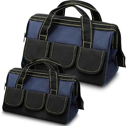 Cunno 2 Pcs Tool Bag with Waterproof Strong Molded Base Multi Pockets Wide Mouth Tool Tote Multifunctional Tool Bag Organizer Large Capacity Heavy Duty Tool Storage Bag(Blue,18 Inch, 13 Inch)