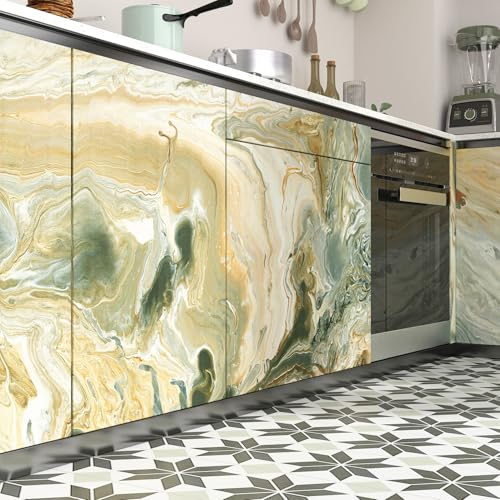 LACHEERY Green and Gold Marble Contact Paper for Countertops Matte Marble Countertop Peel and Stick Waterproof Bathroom Wallpaper Peel and Stick Countertops for Kitchen Counter Top Cabinets 15.8"x80"