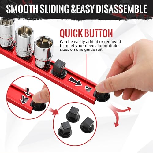 Magnetic Socket Organizer, 3-Piece Heavty Duty Aluminum Socket Holder, Socket Rail for Tool Box, Premium Quality 360¡Æ Swivel Socket Rack Kit with 40 Clips for 1/2, 3/8, 1/4-Inch(Red)