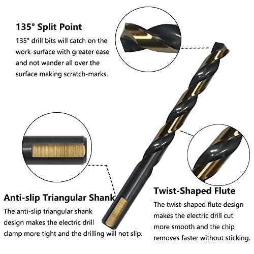 6PCS 1/2" HSS Black Gold Twist Drill Bits Set, 135 Degree Split Point, Jobber Metal Drill Bit, General Purpose for Use in Mild Steel, Copper, Aluminum, Zinc Alloy, Wood, and Plastic