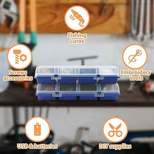 Screw Organizer Storage Bins, 4 Pack Stackable Bins with Lids, Divider Compartment Containers for Garage / Craft Tool Organizing, Tool Cart Cabinet Workbench Drawers Organization and Storage (Blue)