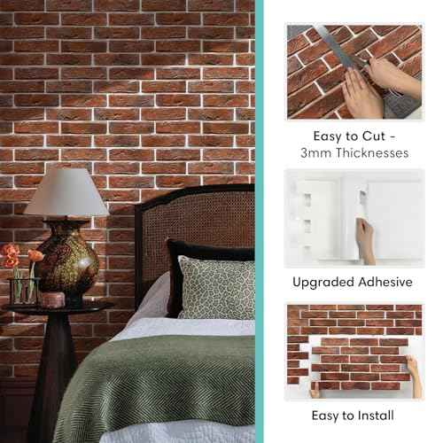Commomy 3D Brick Wall Panels Peel and Stick - 12 pcs of 22.8" x 11.8" - Thin & UrltraLight Red Brick Wallpaper Stick on Tile for Kitchen, Bedroom, Living Room,TV Background,RV(Covers 22.48 sq.ft)