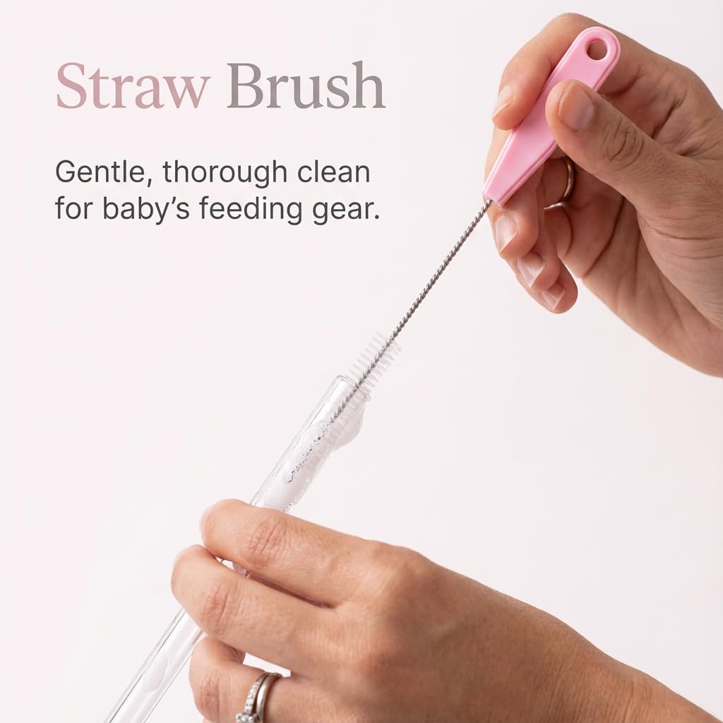 Ariseno 5-in-1 Baby Bottle Brush Set, Including Nylon and Silicone Bottle Brush, Cap, Straw, Nipple Brushes, BPA-Free (Pink)