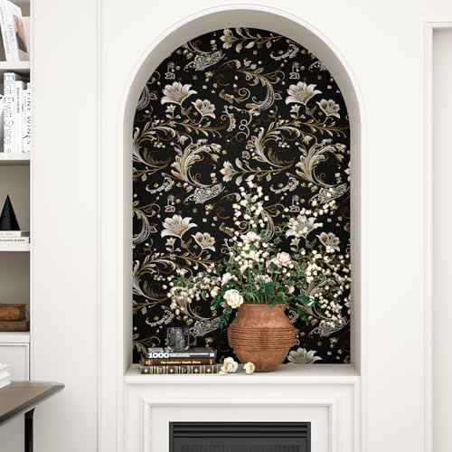 Gold Leaf Wallpaper Peel and Stick Vintage Dark Floral Contact Paper Retro Flower Wall Wallpaper Waterproof Self-Adhesive Wall Covering for Bedroom Countertop Desk Cabinet 17.4" x 118"