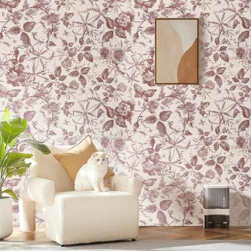 Peel and Stick Wallpaper Contact Paper for Cabinets Drawers Red Maroon Rose Butterfly Floral Vintage 15.7x118in Self Adhesive Wall Removable Desk Bedroom Moody Renter Friendly Modern Flower
