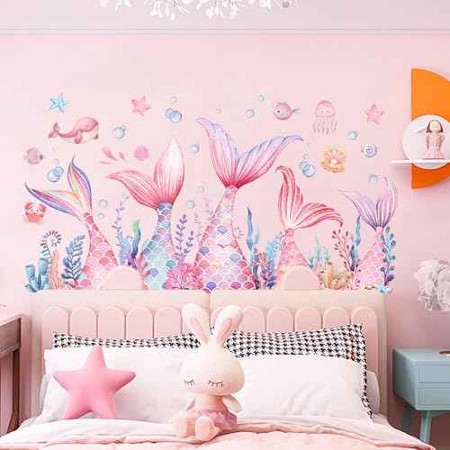 Mermaid Tail Wall Stickers, Sunoyar Colourful Mermaid Foam Wall Decals for Girls Kids, Removable Sea Marine Theme Mural Decor for Daycare Bedroom Bathroom (Pink)