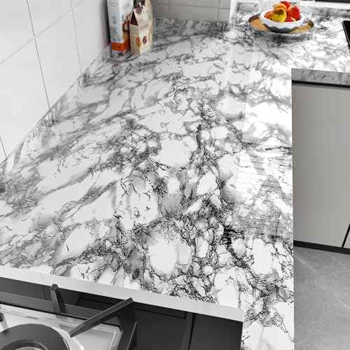 White and Black Marble Contact Paper for Countertop Peel and Stick White Black Glossy Wallpaper Removable Marble Wallpaper for Bathroom Waterproof Faux Marbles Counter Paper Vinyl 15.7¡¿78''