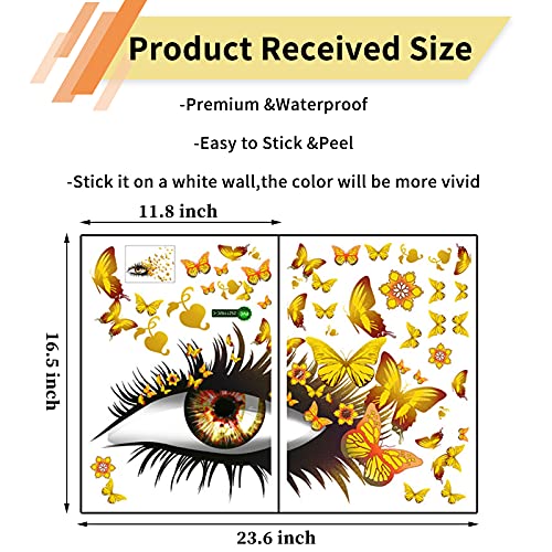 Creative Beautiful Girl Eyes Wall Sticker, Flying Butterfly Wall Decals, Girl Long Eyelashes Heart D?cor, DIY Art Vinyl Mural for Couple Lovers Girls Bedroom Living Room Decoration(Yellow)