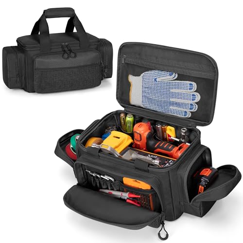 Small Tool Bag with Anti-friction Bottom, Tactical 12" Tool Tote for Men, Hand Tool Storage Organizer for Electrician, Repairman and Carpenters, Black