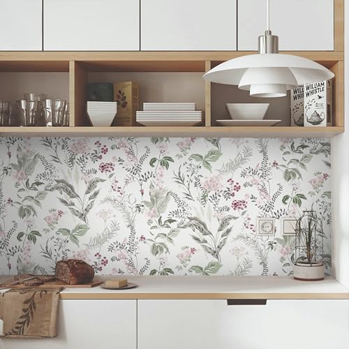 Vinjiasin Peel and Stick Wallpaper Boho Wallpaper Floral Contact Paper Colorful Pink Flower Leaf Self Adhesive Removable Wall Paper for Bathroom Bedroom 16.1" x 78.7"