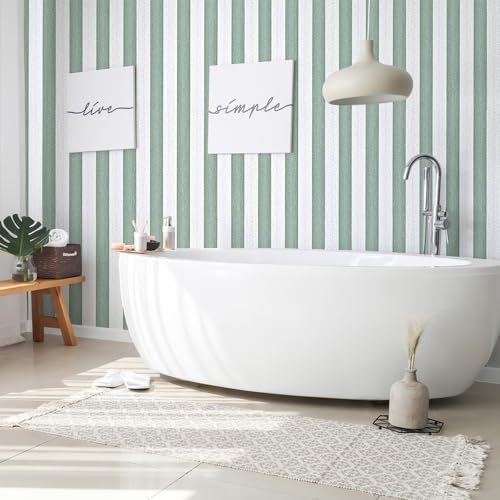 Striped Sage Green Wallpaper Peel and Stick Boho Silver Stripe Textured Contact Paper 15.7"x118" Self Adhesive Removable Waterproof Vinyl Wallpaper for Bedroom,Cabinets,Drawer Liners