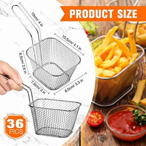 36 Pcs Mini Square Fry Basket with Handle Chrome French Fry Holder Chip Food Presentation Baskets Net Potato Cooking Tool for Food Table Serving Oil Residue Filtration