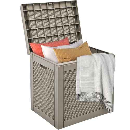 DWVO 32 Gallon Indoor Outdoor Storage Box, Resin Rattan Small Deck Box for Patio Furniture, Cushions, Garden Tools, Sports Equipment,Brown