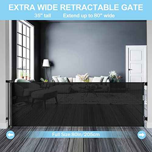 80 Inch Extra Long Retractable Baby Gates Extra Wide Baby Gates for Large Openings Indoor Retractable Dog Gate for The House Extra Wide Dog Gate Outdoor Mesh Pet Gates Child Gate for Kids (Black)