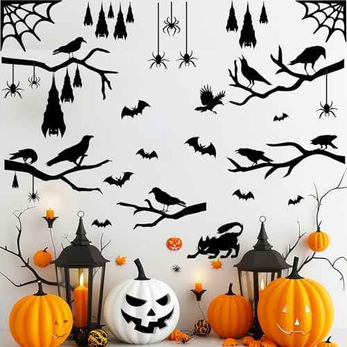 Crow Tree Branch Wall Decals Halloween Vinyl Black Ranven Window Stickers Scary Cat Bat Wall Stickers Spider Crow Halloween Wall Decals Holiday Bat Window Stickers Party Decorations