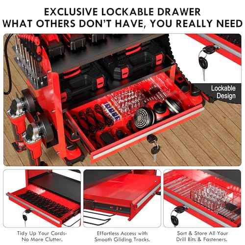 KSVO Power Tool Organizer Wall Mount with Drill Rack, Grinder Holder, Hammer & Pliers Rack, Locking Drawers, 6-Outlet Charging Shelf ? Heavy Duty Metal Tool Storage for Garage, Workshop (Red)