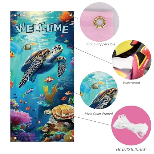 arricraft 1 Pc Welcome Theme Turtle Door Cover, Summer Beach Door Banner Nautical Porch Banner Ocean Animal Party Decorations Polyester Sign for Party Supplies 35.4x72.8 inch(90x185cm)
