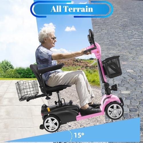 15-45 Miles Ecomobi MS02 4 Wheels Mobility Scooter for Adults/Seniors, 350W Powered Electric Wheelchair Device w/15Ah-25Ah Extended Battery, Dual Baskets/Rotating Seat, Compact Duty Mobile for Elderly
