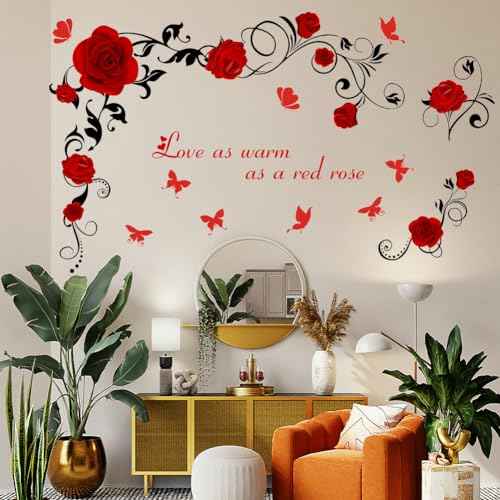PLIGREAT Rose Flower Vine Butterfly Love Quotes Wall Stickers, Valentine Wall Decal Removable Vinyl Peel and Stick Walls Decals for Bedroom Dining Living Room Home Decorations DIY Walls Art Decor