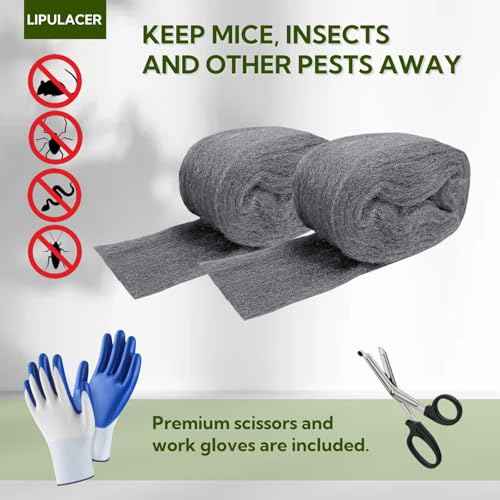 Steel Wool Mice Control - 2 Pack 3'' x 11Ft Steel Wool 0000 - Fine SteelWool Included Work Gloves & Scissors - Mouse Wall Hole Filler for Home, Garden & Garage