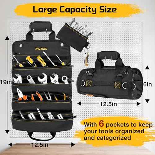 Stocking Stuffers Gifts for Men, Roll Up Tool Bag with 6 Pouches, Heavy Duty Portable Foldable Tool Storage Organization, Rollup Toolbag Organizer Gift for Dad, Husbands, Him, Mechanics, Electricians