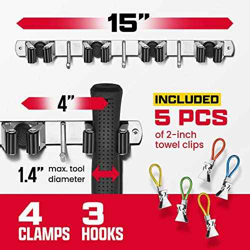 2 Pack Mop and Broom Holder Wall Mount ? Self-Adhesive Stainless Steel broom hanger organizer ? 4 Clamps, 3 Hooks ? Holds Up to 40 Lbs