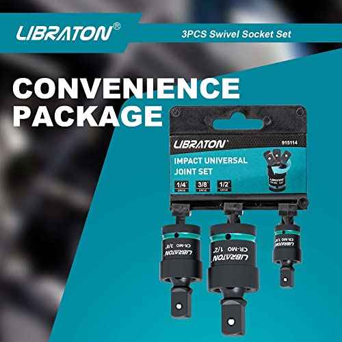 Libraton Swivel Socket Set, Impact Swivel Socket Set, Wobble Socket, Impact Grade Universal Joint, Cr-Mo Steel, 1/4-Inch, 3/8-Inch, 1/2-Inch Drive