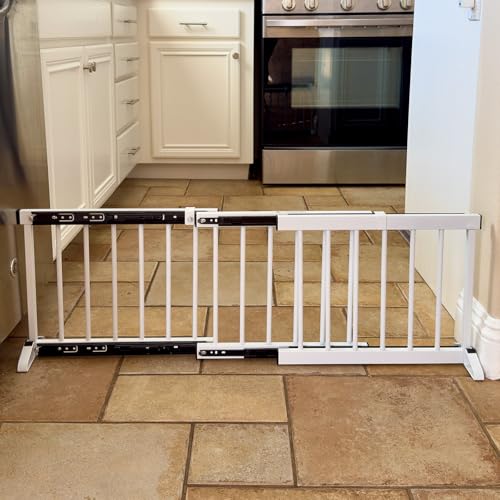 White Metal Dog Gate for Small Dogs - 13.3" Short Freestanding Puppy Gate with Retractable Sliding Rail, No Installation, Indoor/Outdoor Use, Foldable & Portable Pet Barrier