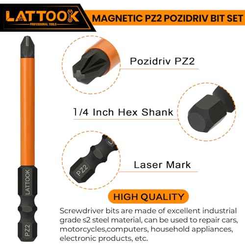 Pozidriv Bit Set, LATTOOK 5-Piece PZ2 Pozi Bit Set, Magnetic S2 Steel Pozidriv Screwdriver, 3'' Long