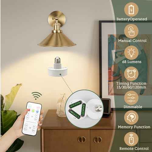 Battery Operated Wall Sconce Set of Two, Brushed Brass Battery Powered Wall Lighting Indoor, Cordless Metal Indoor Wall Lamp, Dimmable with Remote, Suitable for Living Room Bedroom Hallway