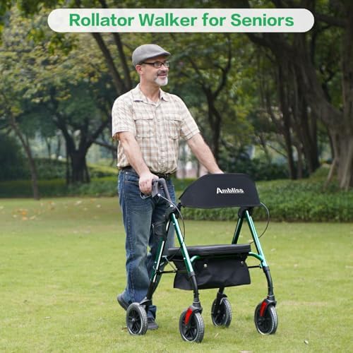 Amblisss Walkers for Seniors with Seat, Foldable Rollator Walkers, 300 lbs Weight Capacity, 8" Wheels Dual Height Ajustable, Rolling Walker with Seat for All-Terrain, Green