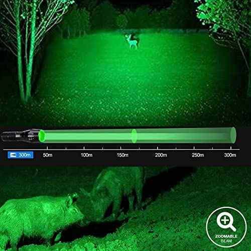 VASTFIRE 350 Yard Green Hunting Light Zoomable Flashlight Hog Predator Lights with Pressure Switch Picatinny Rail Mount 1 Inch to 30mm Scope Mount Gift Carrying Case