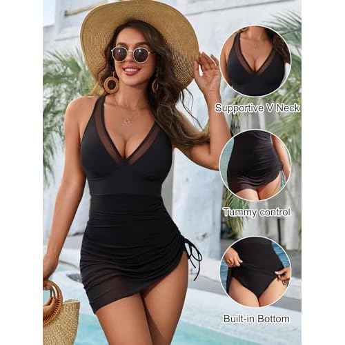 Blooming Jelly Women One Piece Swim Dress Tummy Control Swimsuits Slimming Mesh Sheer Sarong Wraps Bathing Suit